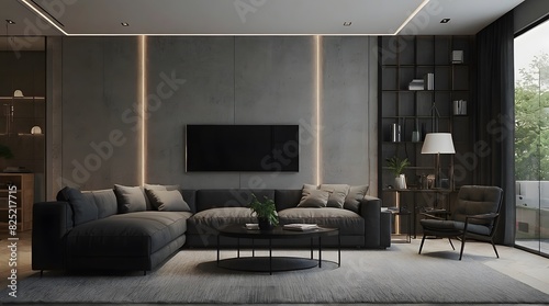A minimalist modern living room. mockup wall, ready for customization.	 photo