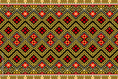 Trbal Pixel Aztec Pattern Yellow Red on black bcakgrounds