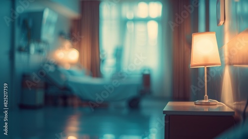 A blurred  pastel-toned image of a hospital patient room  with a focus on the soft glow of the bedside lamp.