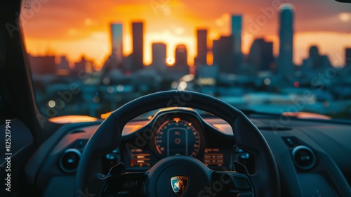 Driving through the city at sunset