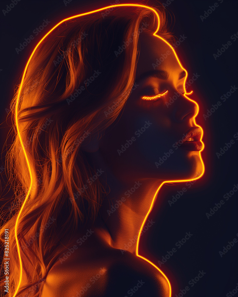 A woman's face is lit up in orange and black
