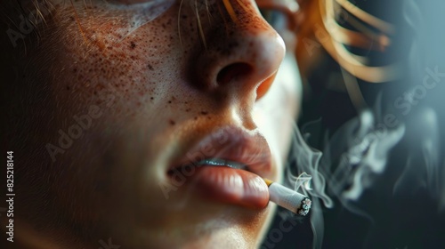 Close-Up of Woman Smoking Cigarette with Freckled Skin