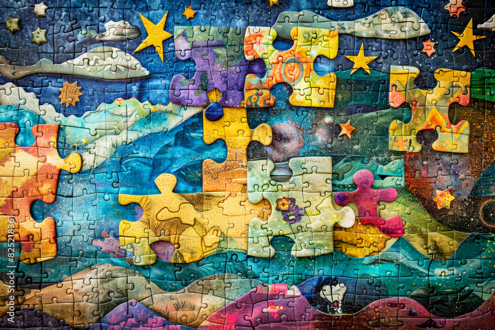 Naklejka premium A colorful children's illustration depicting a group of happy kids standing on giant puzzle pieces in a vibrant, magical garden filled with flowers and butterflies.