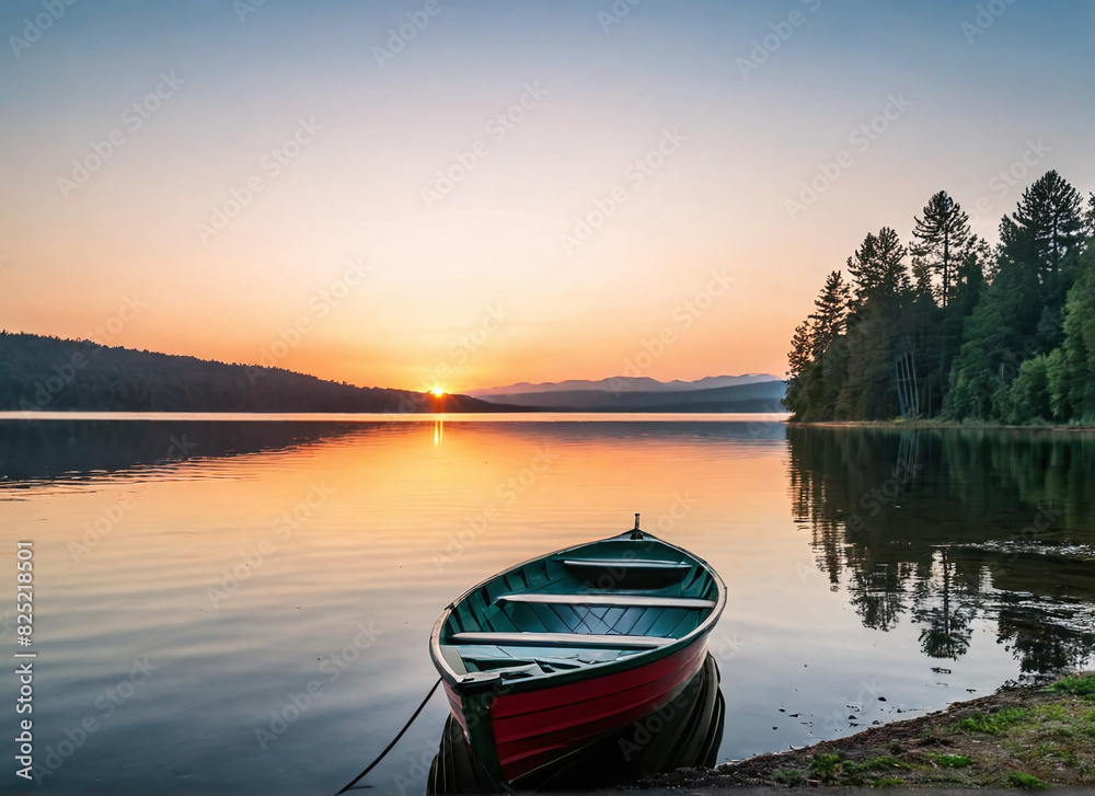 Fototapeta premium Sunrise over a serene lake with a rowboat