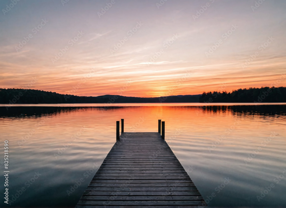 Fototapeta premium Sunset over a serene lake with a dock