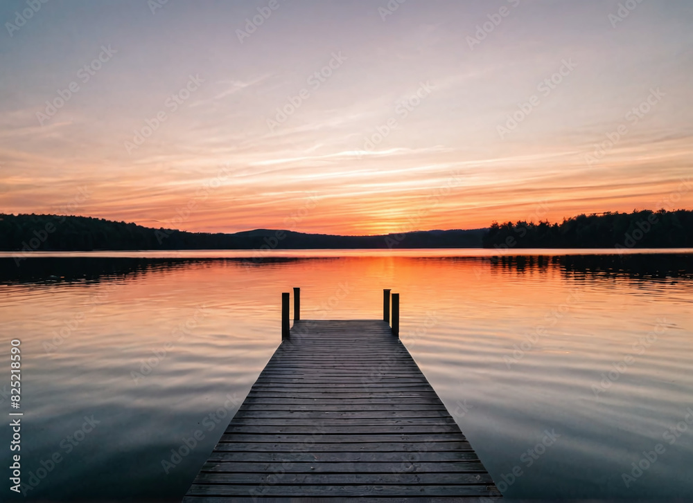 Sunset over a serene lake with a dock