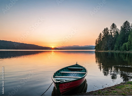 Sunrise over a serene lake with a rowboat