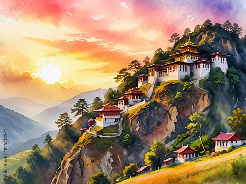 Sunset over a hillside Buddhist monastery in a digital watercolor painting photo