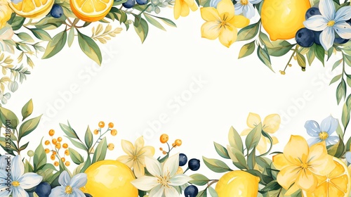 Watercolor lemon and flower border frame with copy space.