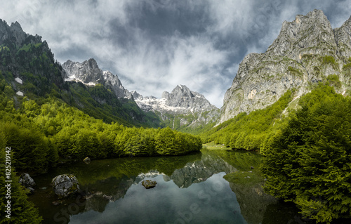 Panorama of mountain range in the valley in Montenegrin mountains