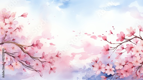 Watercolor painting of delicate pink cherry blossoms against a blue sky.