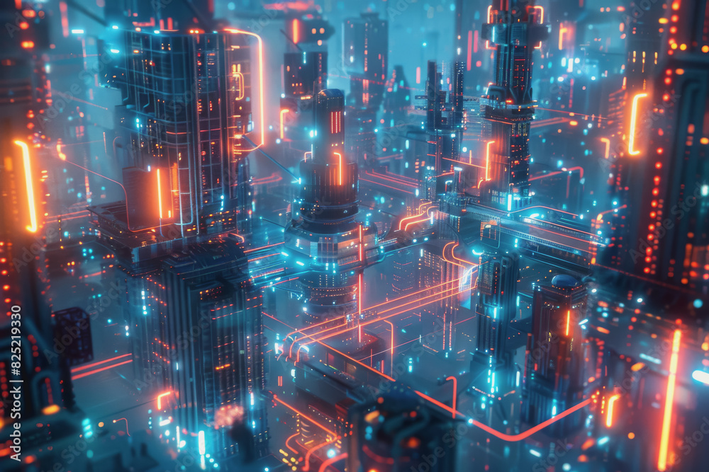 Futuristic cityscape with an abstract background With neon lines connecting the points. Futuristic cityscape with an abstract background With neon lines connecting the points.