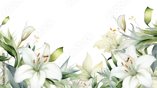 Watercolor border of white lilies and greenery, perfect for wedding invitations or floral designs.