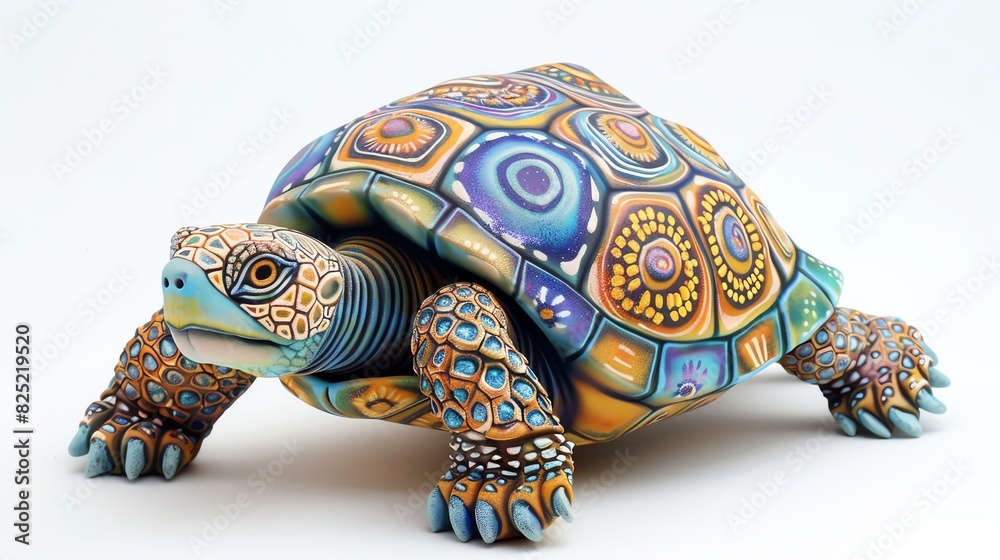 A friendly pastel-colored turtle crawling slowly, with a patterned shell and gentle eyes, on a white background A friendly pastel-colored turtle crawling slowly, with a patterned shell and gentle eyes, on a white background