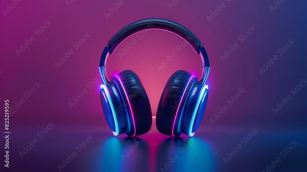 Vibrant neon headphones on dark background, illuminated with blue and pink light, creating a sleek and modern look, perfect for tech and music themes. Vibrant neon headphones on dark background, illuminated with blue and pink light, creating a sleek and modern look, perfect for tech and music themes.