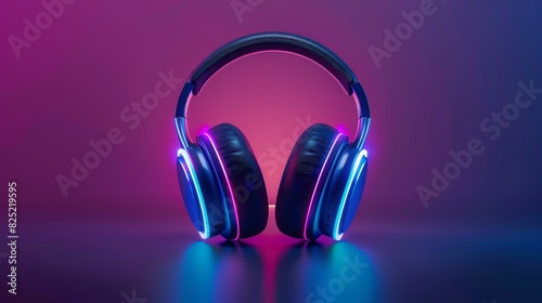 Vibrant neon headphones on dark background, illuminated with blue and pink light, creating a sleek and modern look, perfect for tech and music themes.