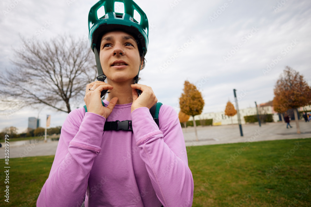 Portrait of a woman puts a helmet on her head Portrait of a woman puts a helmet on her head