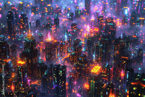 Futuristic cityscape with an abstract background With neon lines connecting the points.