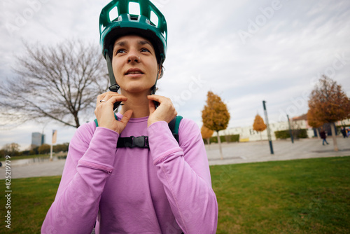 Portrait of a woman  puts a helmet on her head photo