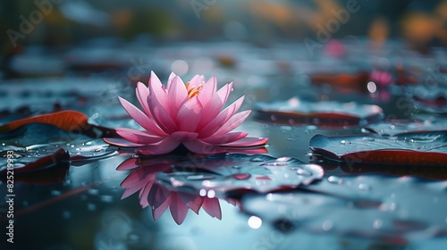floral symbolism, a pink lotus bloom in a tranquil pond, symbolizes purity and enlightenment in asian beliefs photo