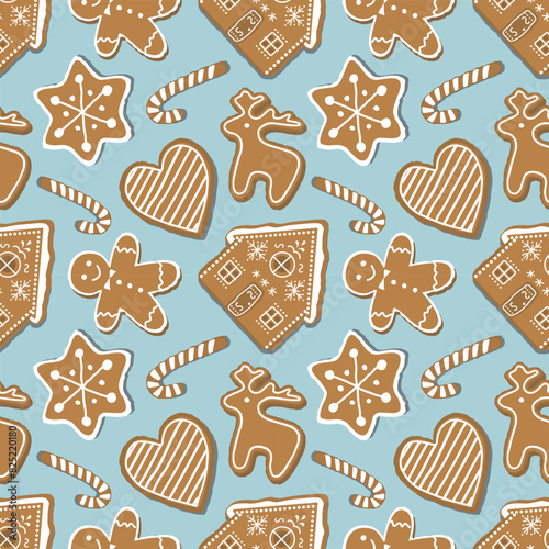 Christmas Pattern. Seamless Print with Gingerbread Cookies. Gingerbread houses, deer, heart, Gingerbread Man, star. Cute Background. Template. Vector illustration on light blue background