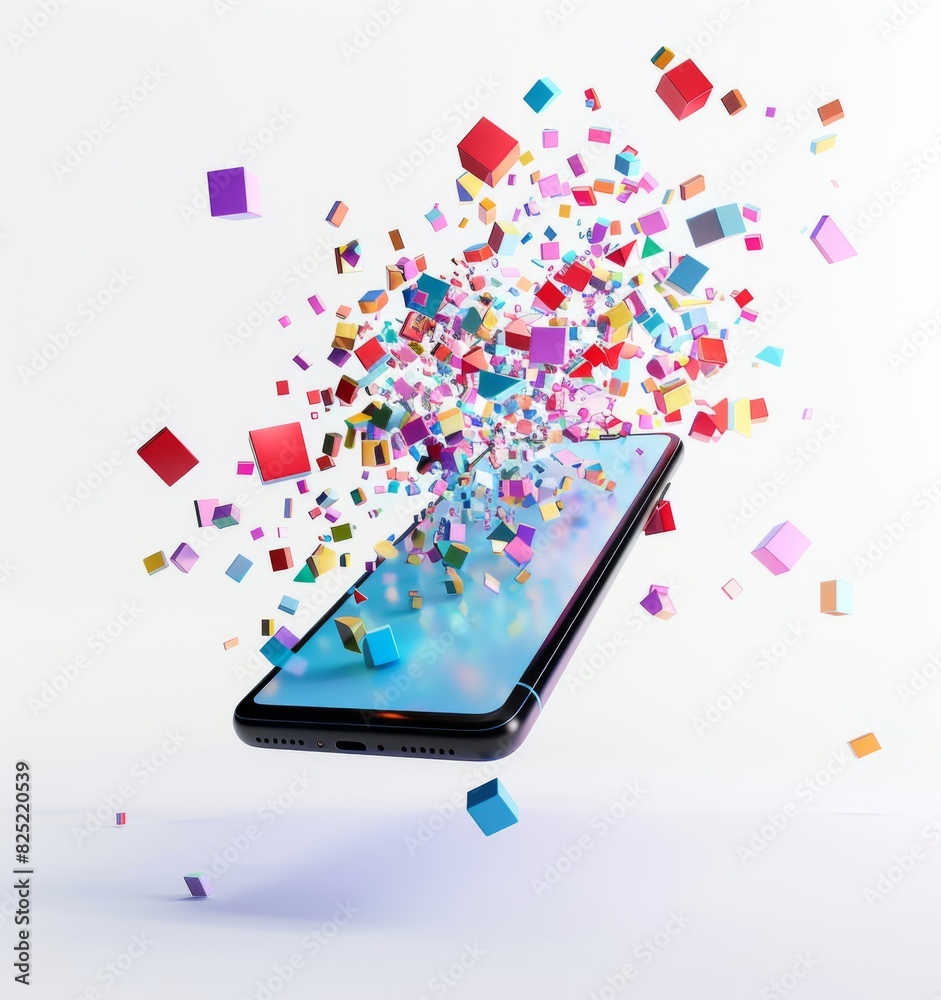 Dynamic Smartphone Entertainment: Vibrant Geometric Shapes Bursting from screen Device Dynamic Smartphone Entertainment: Vibrant Geometric Shapes Bursting from screen Device