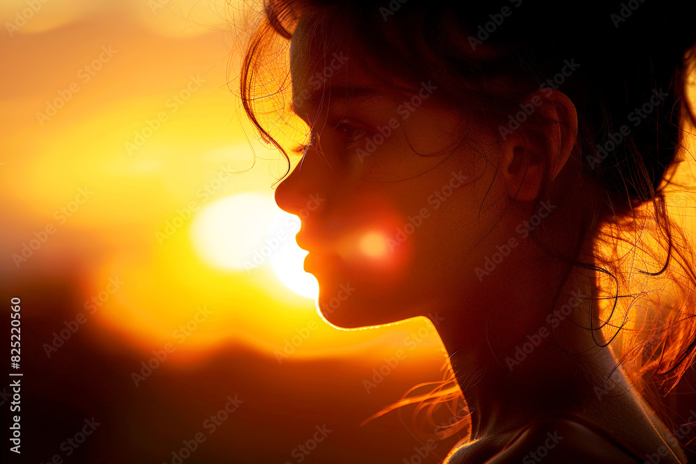 Silhouettes of a woman at sunset in a field, with golden light illuminating her profile, creating a serene and tranquil atmosphere. Silhouettes of a woman at sunset in a field, with golden light illuminating her profile, creating a serene and tranquil atmosphere.