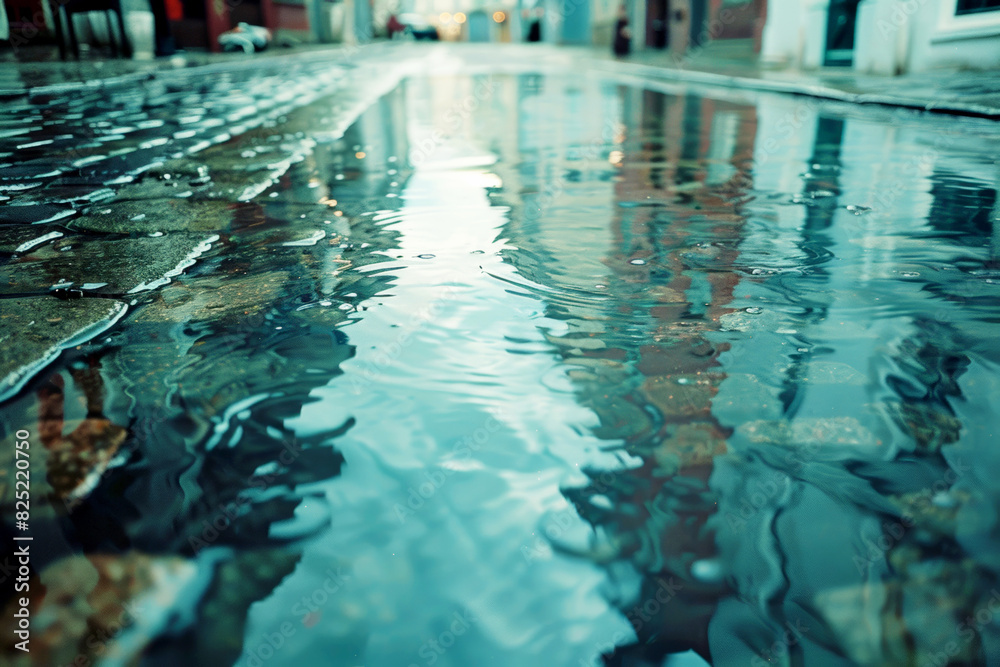 Ripple effect in a puddle on a tiled sidewalk, reflecting urban lights and creating a tranquil, mesmerizing scene at dusk.