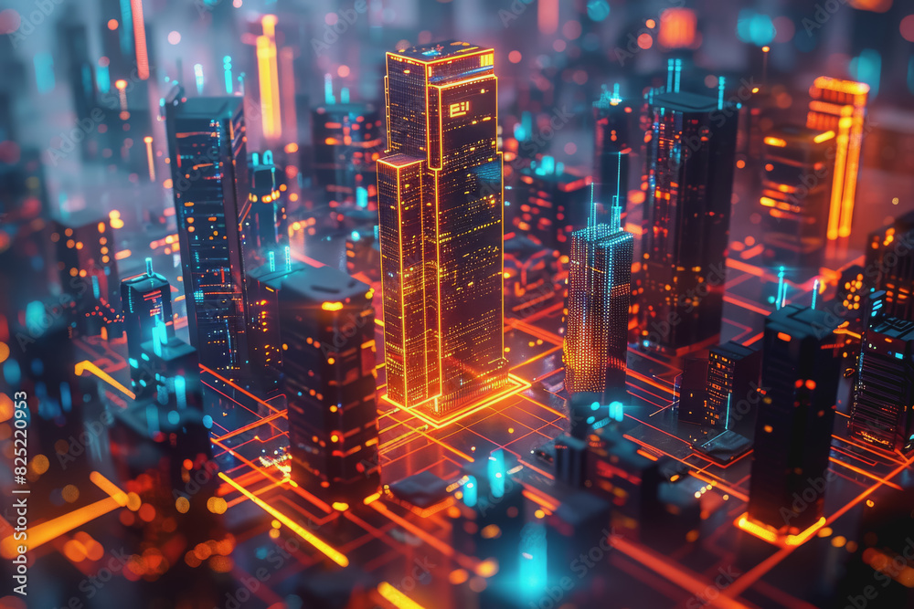 Futuristic cityscape with an abstract background With neon lines connecting the points.