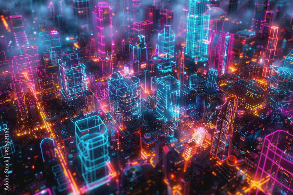 Futuristic cityscape with an abstract background With neon lines connecting the points.