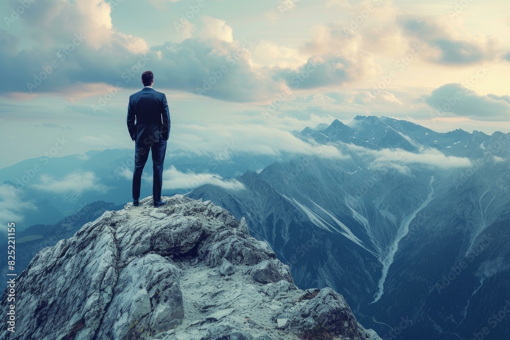 Businessman in a suit standing on a majestic mountain peak. Contemplating his career goals and aspirations