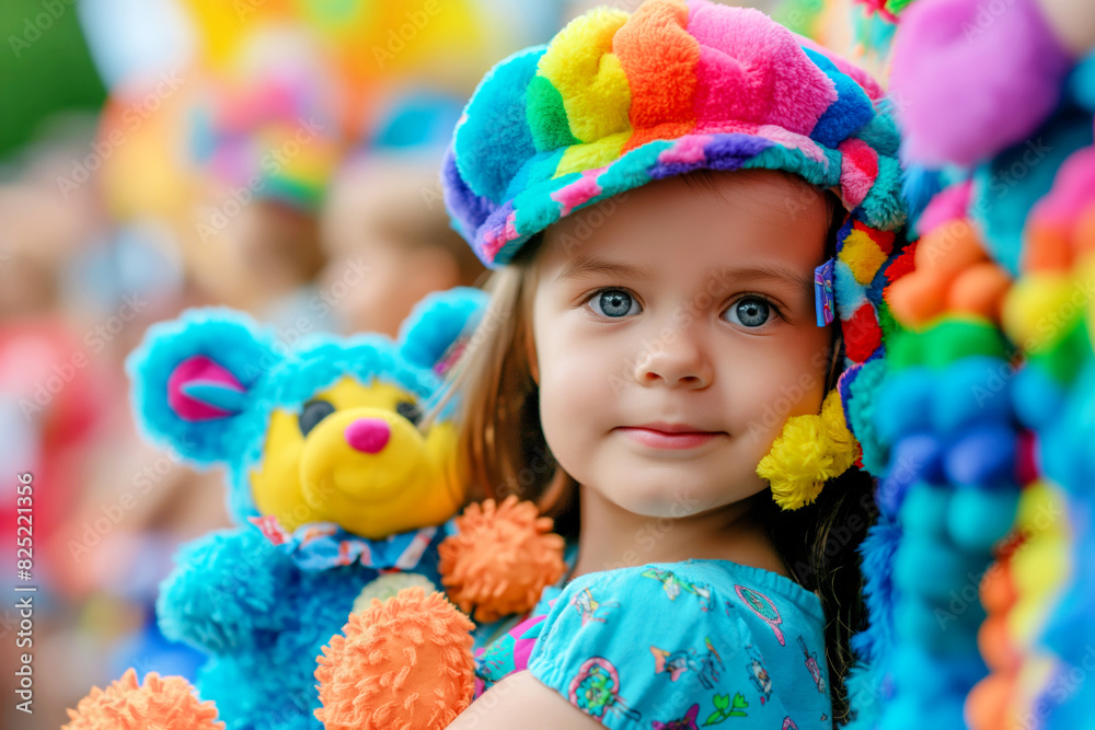 A young girl in a colorful outfit holding a plush toy bear at a vibrant festival. A young girl in a colorful outfit holding a plush toy bear at a vibrant festival.