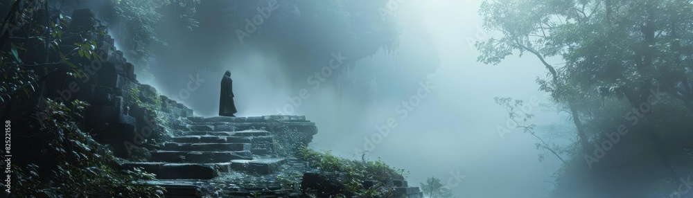 Lone figure on a journey to an ancient temple in a dense, fogcovered forest, evocative and silent Lone figure on a journey to an ancient temple in a dense, fogcovered forest, evocative and silent