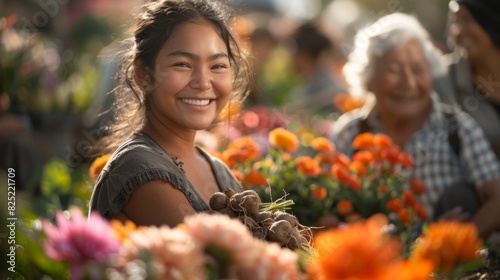 community gardening, in a community garden, diverse volunteers with smiles gather to harvest fresh produce a hispanic teen shows carrots to a caucasian elder, amidst colorful flowers glowing in the