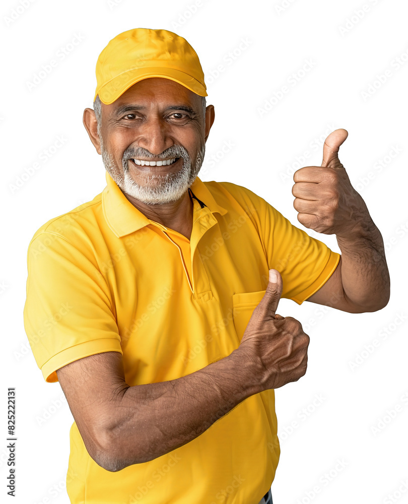 Happy Indian man in their 60s wearing job yellow uniform with shirt and cap doing thumbs up. Isolated over transparent background Happy Indian man in their 60s wearing job yellow uniform with shirt and cap doing thumbs up. Isolated over transparent background