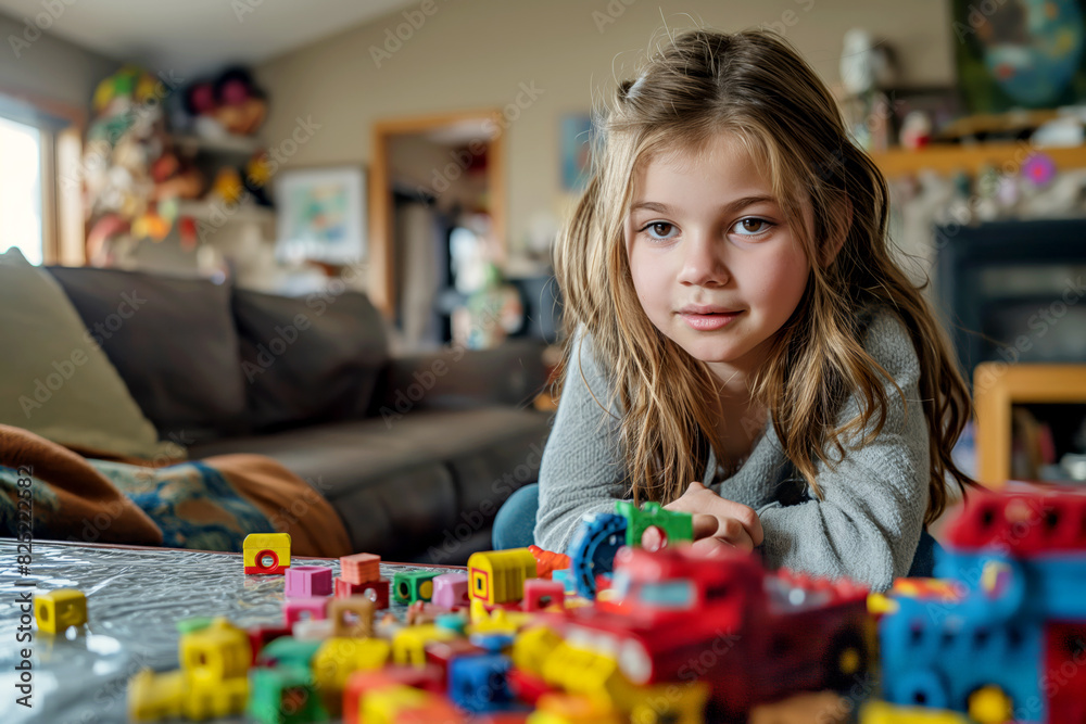 A young girl playing with colorful building blocks at home. A young girl playing with colorful building blocks at home.