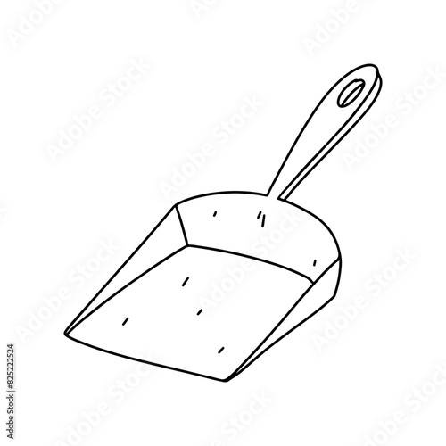 Dustpan for cleaning. Hand drawn doodle style. Vector illustration isolated on white. Coloring page.