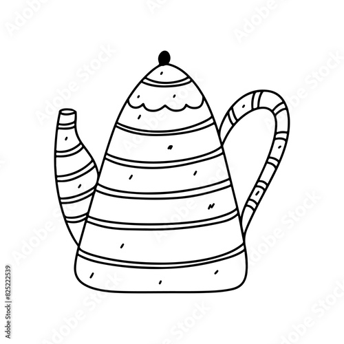 Teapot. Hand drawn doodle style. Vector illustration isolated on white. Coloring page.