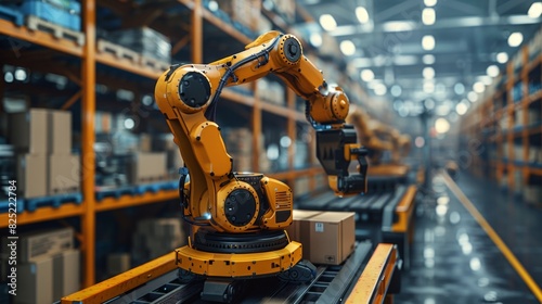 industrial robotics, robotic arms automate package sorting in a warehouse, an industry banner showcasing modern automation technology with a place for text