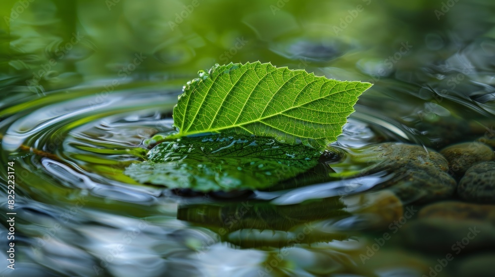 A close-up view of a fresh green leaf emerging from a pool of water, its surface disturbed by delicate water ripples. A close-up view of a fresh green leaf emerging from a pool of water, its surface disturbed by delicate water ripples.