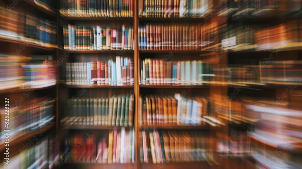 Blurred photo of a bookshelf filled with colorful books, creating a dynamic and vibrant atmosphere in a cozy library setting. Blurred photo of a bookshelf filled with colorful books, creating a dynamic and vibrant atmosphere in a cozy library setting.