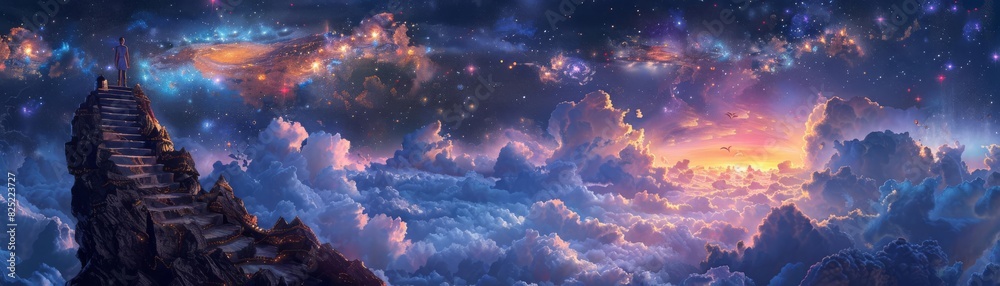 Majestic view of a person at the edge of a rocky peak with stairs leading into a cloudcovered abyss, under a cosmic sky