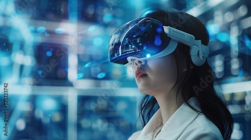 A confident corporate Asian woman participating in a virtual reality training simulation, with a headset on and digital scenarios unfolding around her.