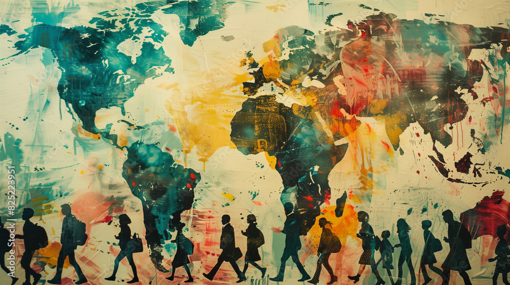A dynamic depiction of migration patterns and movements between continents, illustrating the diverse causes and experiences of people seeking better life opportunities. A dynamic depiction of migration patterns and movements between continents, illustrating the diverse causes and experiences of people seeking better life opportunities.