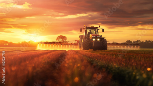 Trator moderno pulverizando ativamente colheitas em uma vasta fazenda com um pôr do sol dramático ao fundo photo