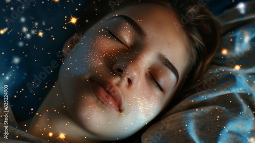 A imagem em close da mulher humana caucasiana que se deita para dormir no mar do espaço galáctico que funciona como um travesseiro que parece fofo e macio no céu brilhante de um universo photo