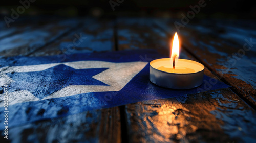 vela acesa na bandeira de Israel em um fundo escuro photo