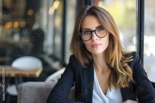 Confident young businesswoman wearing stylish professional glasses in a modern urban cafe  exuding elegance and sophistication  while showcasing her smart and sophisticated business attire