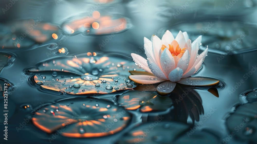 The image is a close-up of a beautiful water lily flower with a blurred background