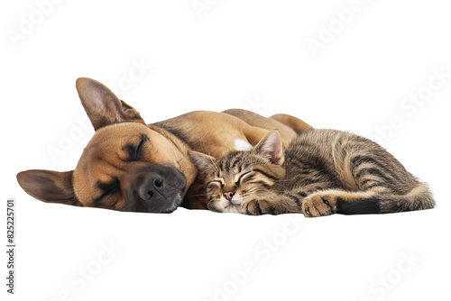 cats and dog sleep together isolate on background